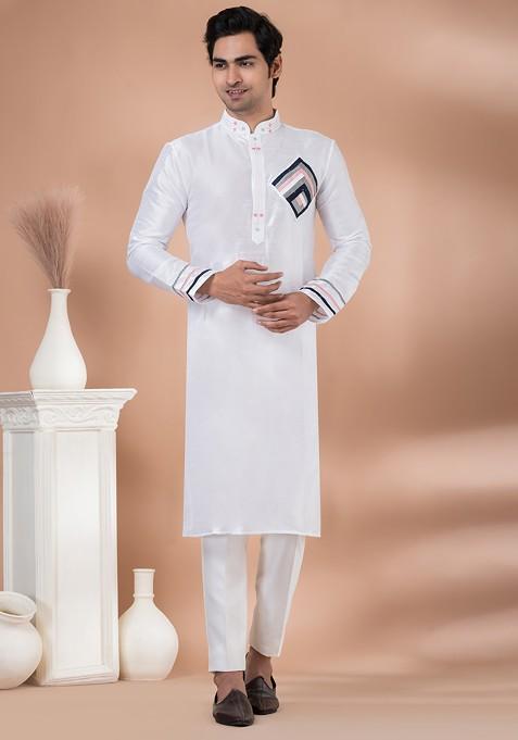 White Printed Banarasi Dupion Kurta Set For Men