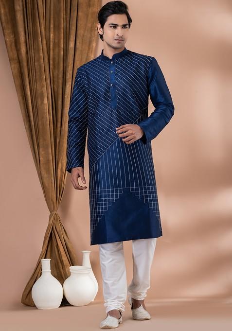 Navy Blue Printed Banarasi Dupion Kurta Set For Men