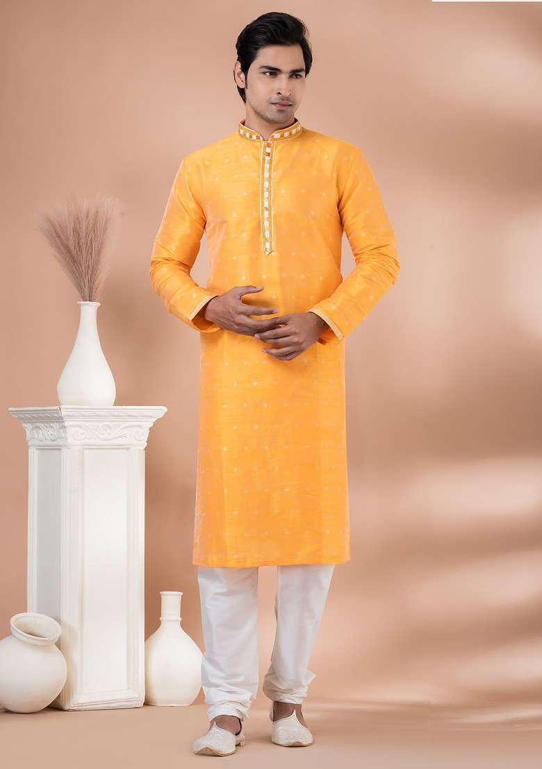 Yellow Printed Mulberry Silk Blend Kurta Set For Men - Indya