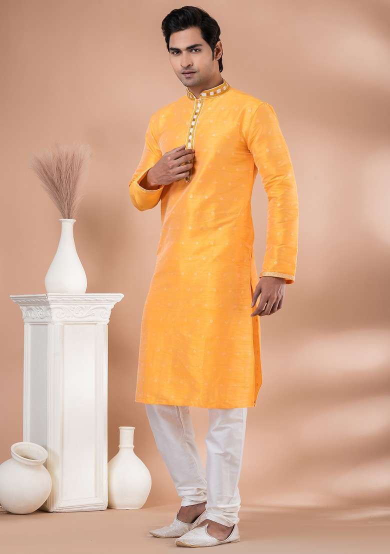 Yellow Printed Mulberry Silk Blend Kurta Set For Men - Indya