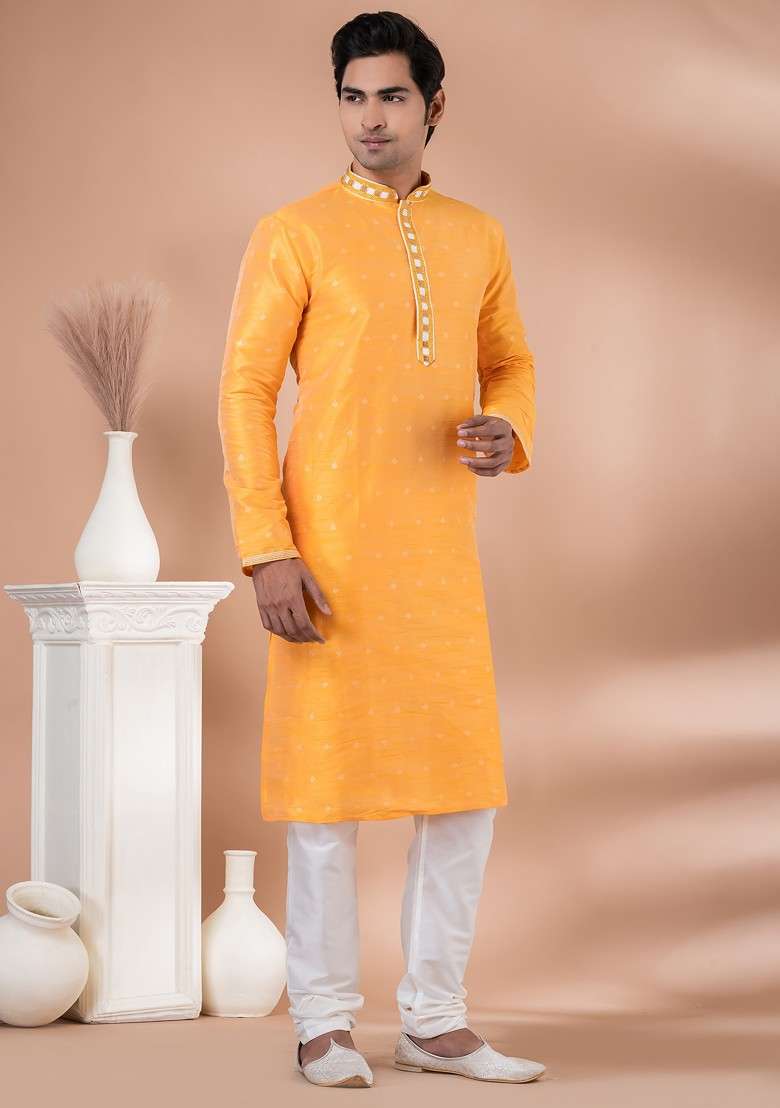 Yellow Printed Mulberry Silk Blend Kurta Set For Men - Indya