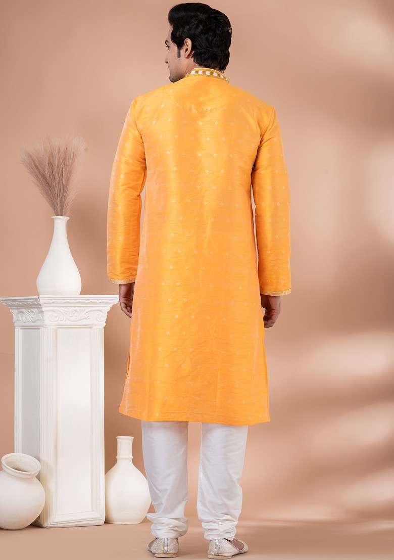 Yellow Printed Mulberry Silk Blend Kurta Set For Men - Indya
