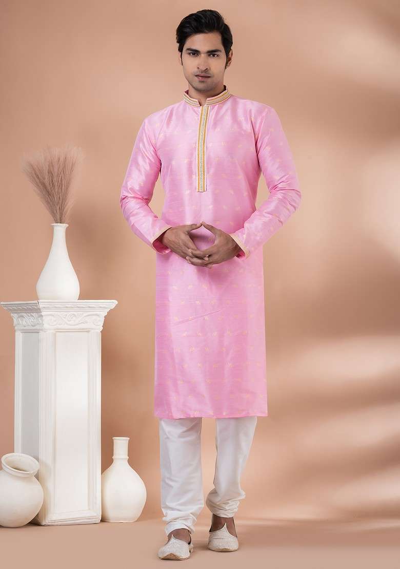 Pink Printed Mulberry Silk Blend Kurta Set For Men - Indya