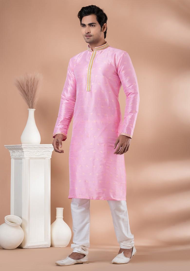 Pink Printed Mulberry Silk Kurta Set For Men
