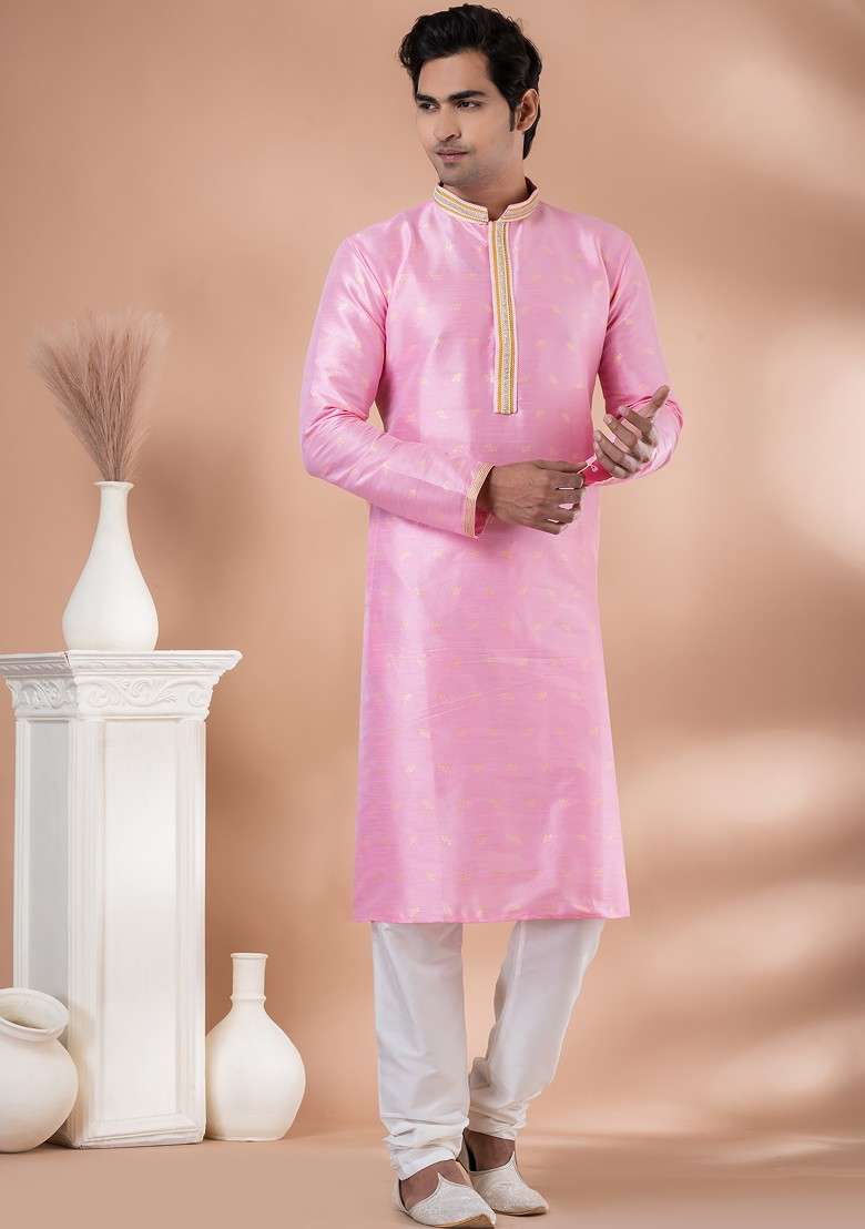 Pink Printed Mulberry Silk Blend Kurta Set For Men - Indya