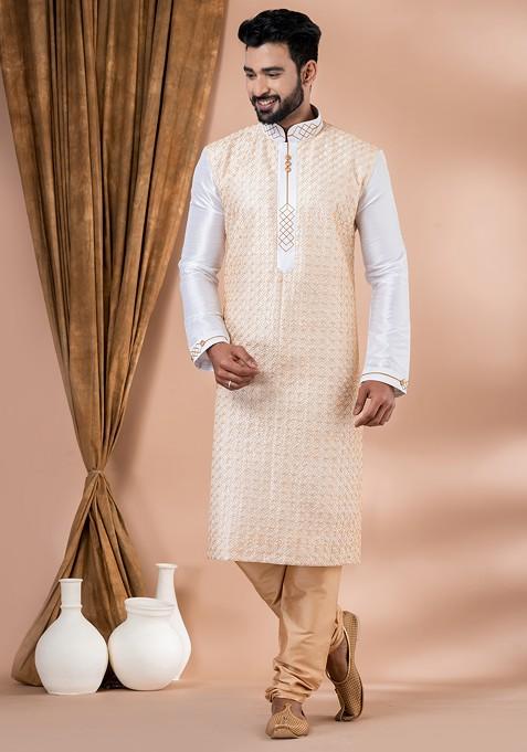 White Embroidered Banarasi Dupion Kurta Set For Men