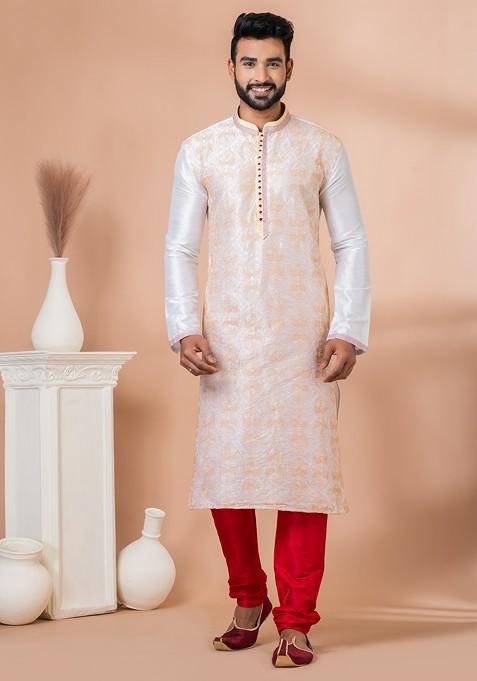 Ivory Embroidered Banarasi Dupion Kurta Set For Men