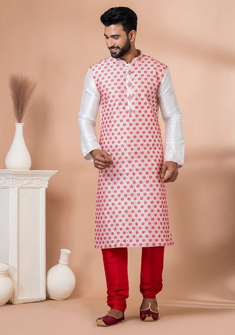 White Embroidered Banarasi Dupion Kurta Set For Men