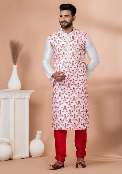 Ivory Embroidered Banarasi Dupion Kurta Set For Men