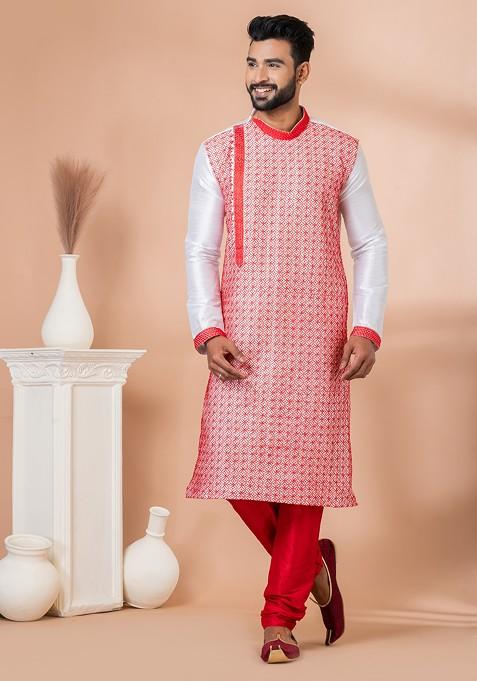 White Embroidered Banarasi Dupion Kurta Set For Men