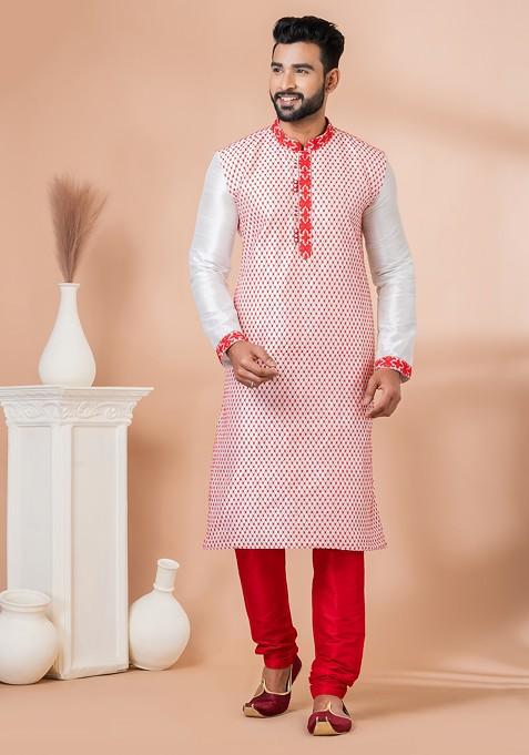 Ivory Embroidered Banarasi Dupion Kurta Set For Men