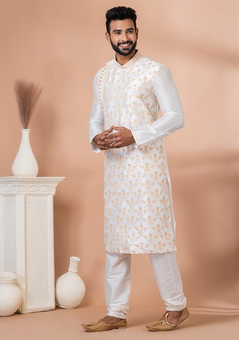 White Embroidered Banarasi Dupion Kurta Set For Men