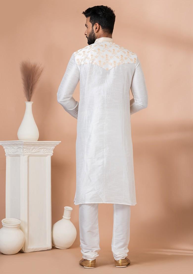 White Embroidered Banarasi Dupion Kurta Set For Men