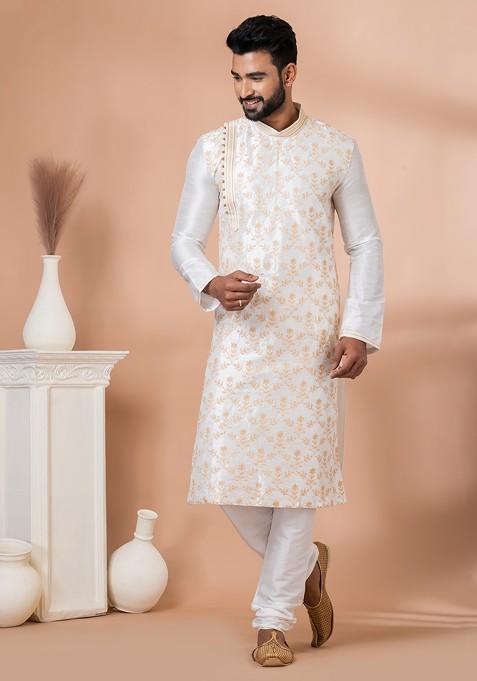 White Embroidered Banarasi Dupion Kurta Set For Men