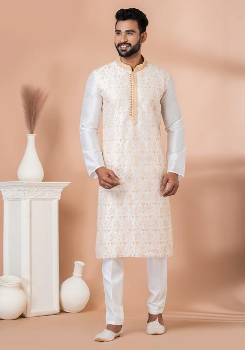 White Embroidered Banarasi Dupion Kurta Set For Men