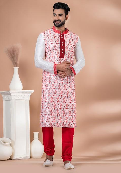 Ivory Embroidered Banarasi Dupion Kurta Set For Men