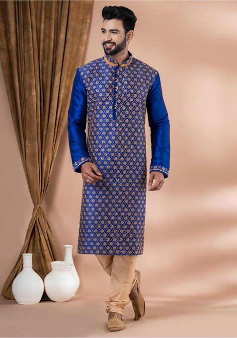 Blue Embroidered Banarasi Dupion Kurta Set For Men