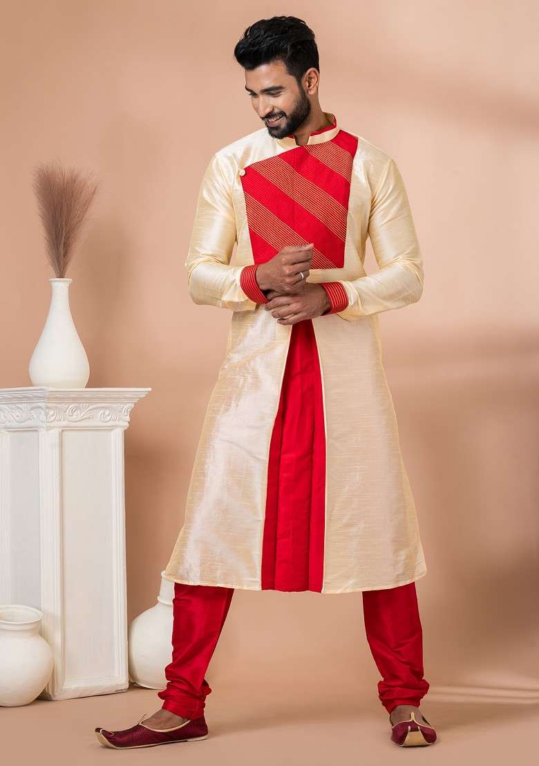 Golden Embroidered Banarasi Dupion Kurta Set For Men - Indya
