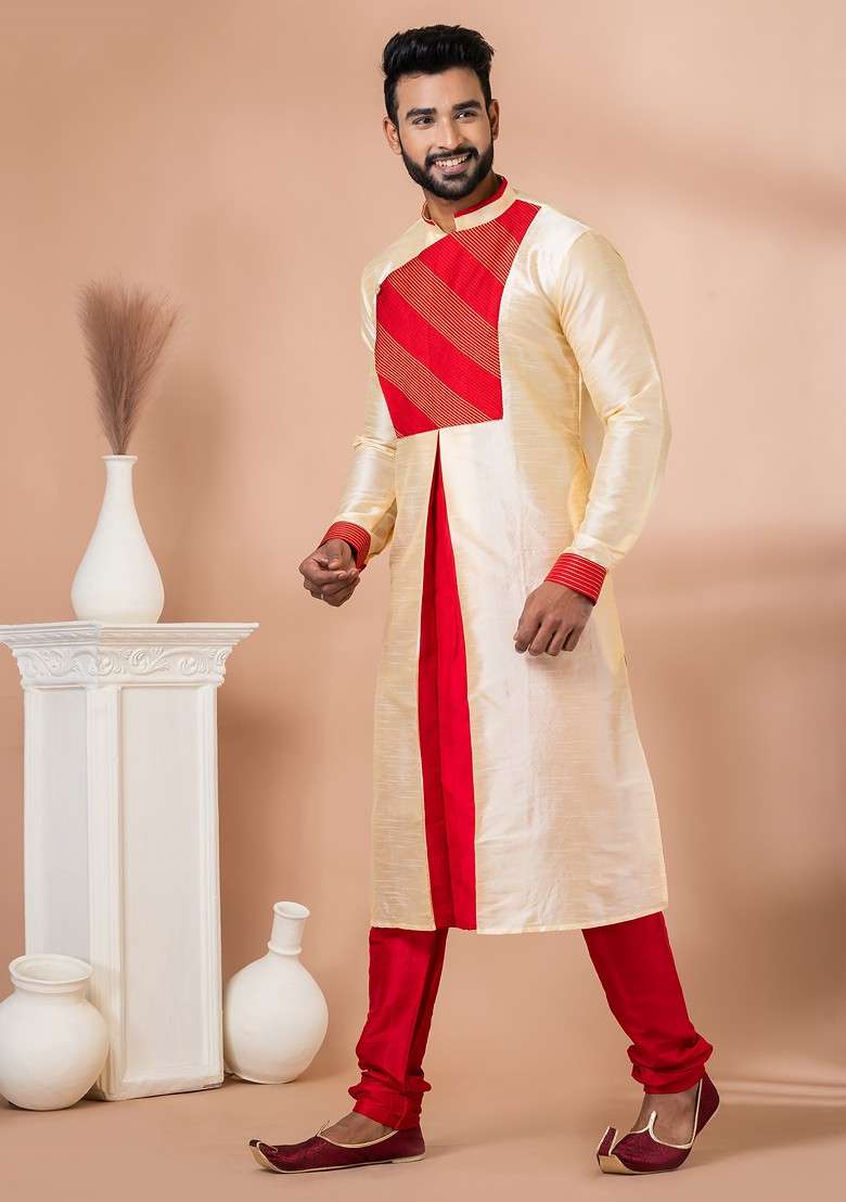 Golden Embroidered Banarasi Dupion Kurta Set For Men - Indya