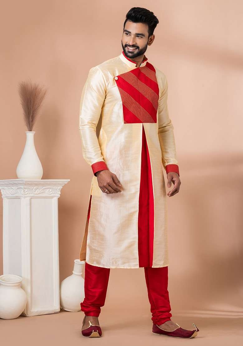 Golden Embroidered Banarasi Dupion Kurta Set For Men - Indya