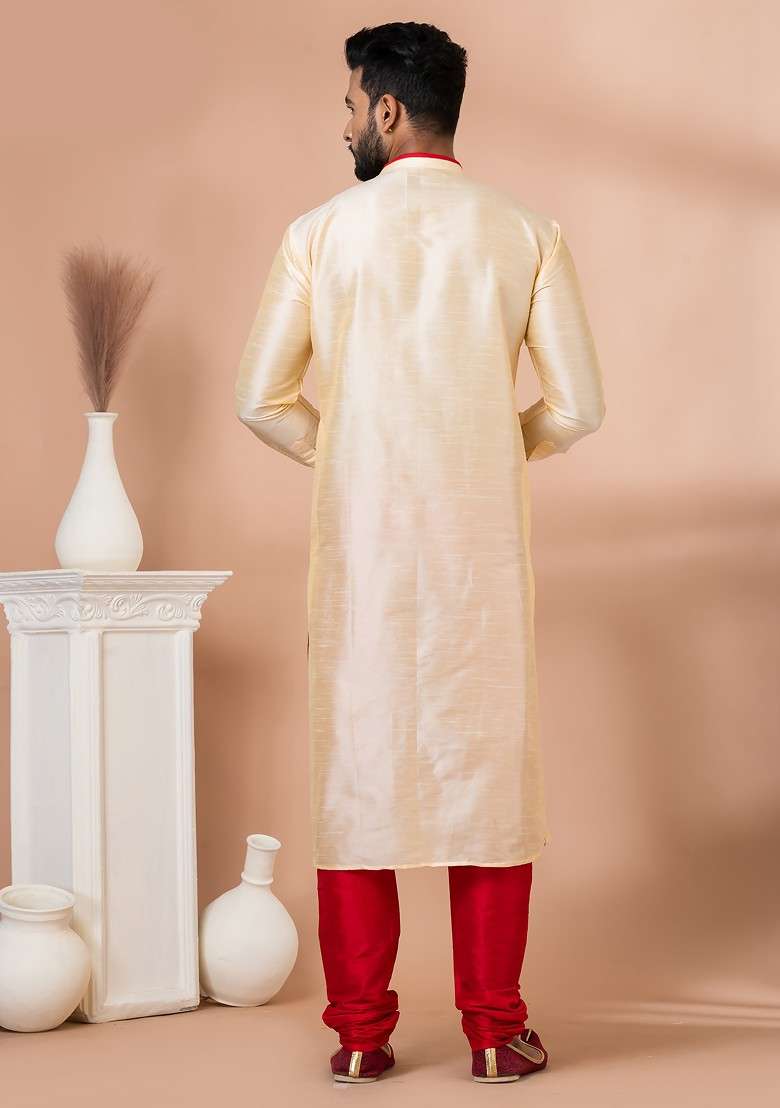 Golden Embroidered Banarasi Dupion Kurta Set For Men - Indya