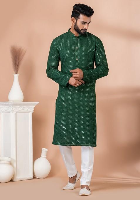 Green Sequin Embroidered Viscose Kurta Set For Men