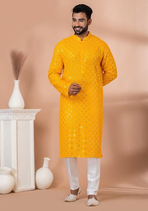 Yellow Sequin Embroidered Viscose Kurta Set For Men