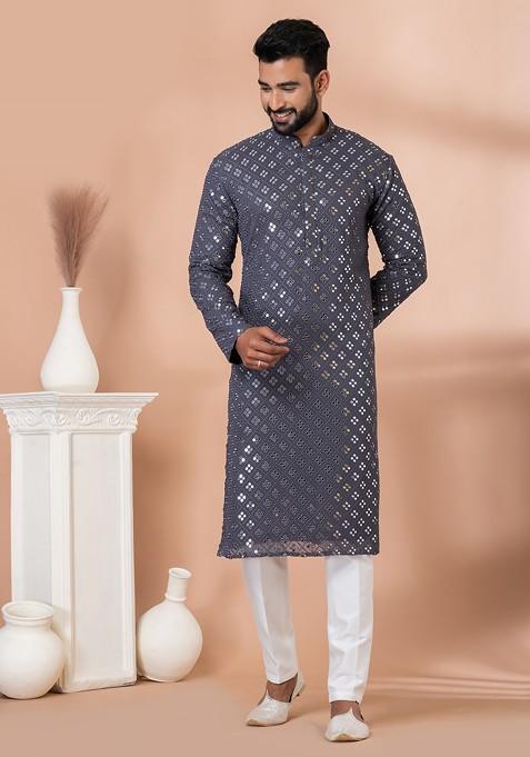 Grey Sequin Embroidered Viscose Kurta Set For Men