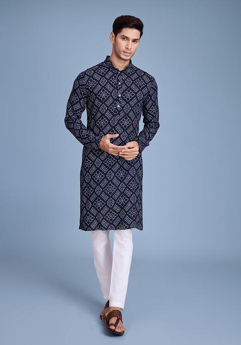 Navy Blue Foil Print Rayon Kurta