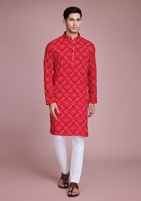 Red Foil Print Rayon Kurta