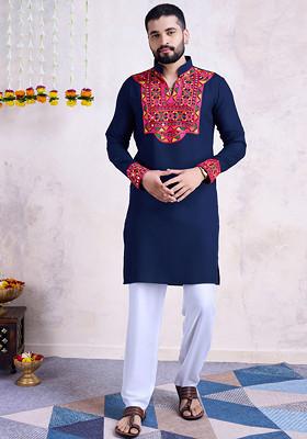 Navy Blue Embroidered Rayon Kurta