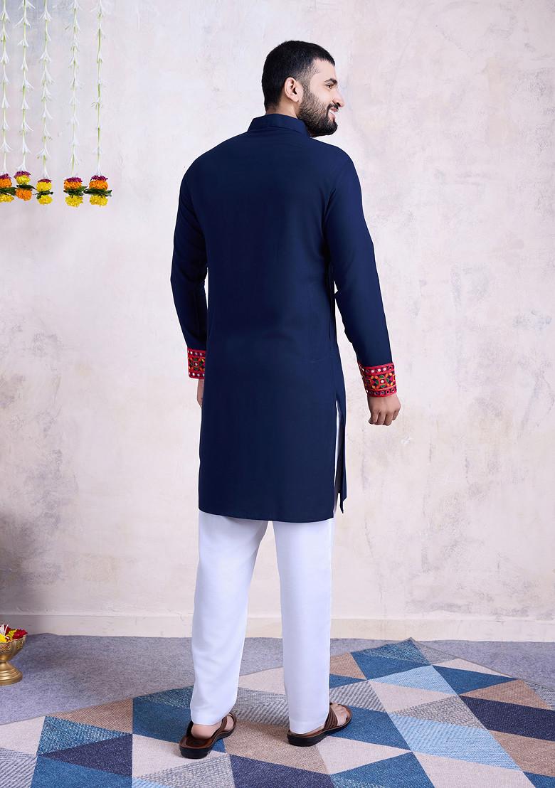 Navy Blue Embroidered Rayon Kurta - Indya