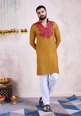 Yellow Embroidered Rayon Kurta