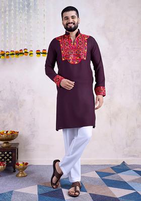 Purple Embroidered Rayon Kurta