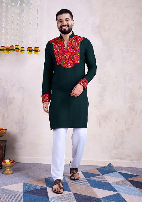 Green Embroidered Rayon Kurta