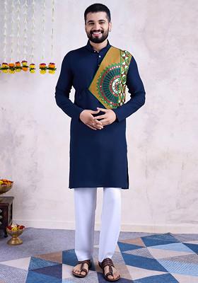 Navy Blue Embroidered Rayon Kurta