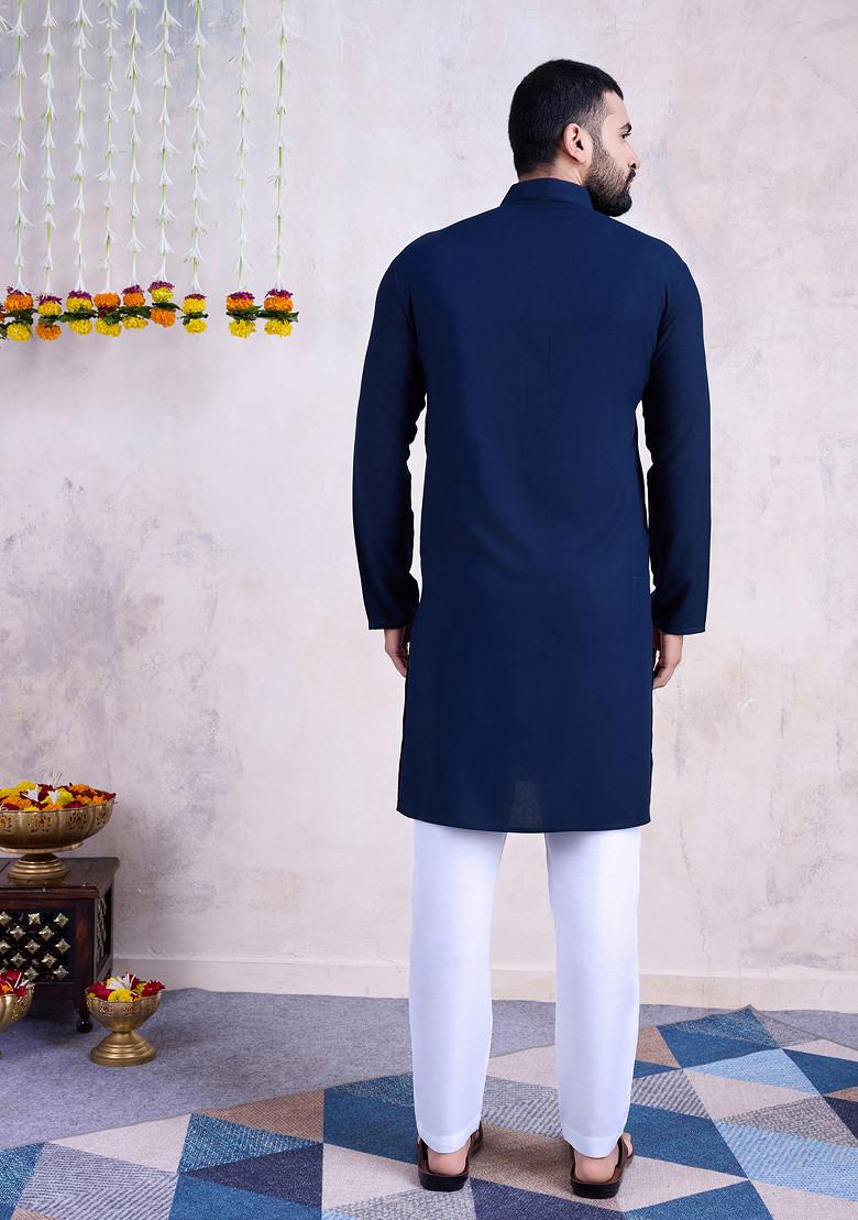 Navy Blue Embroidered Rayon Kurta - Indya
