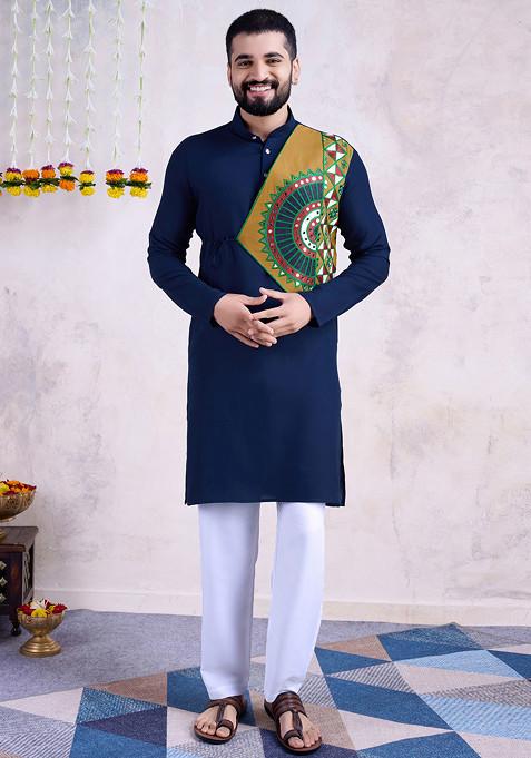 Navy Blue Embroidered Rayon Kurta