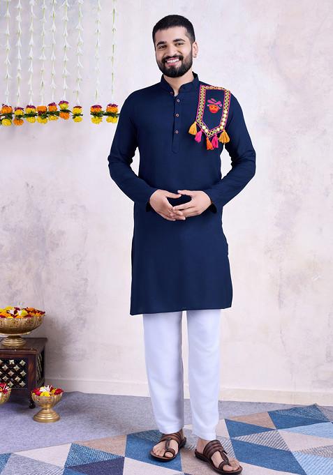 Navy Blue Embroidered Rayon Kurta