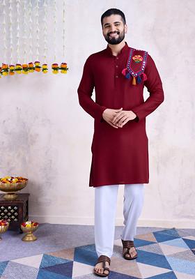 Maroon Embroidered Rayon Kurta