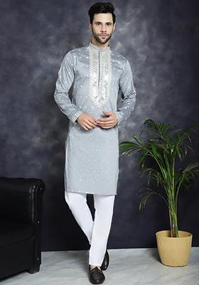 Grey Embroidered Cotton Blend Kurta For Men