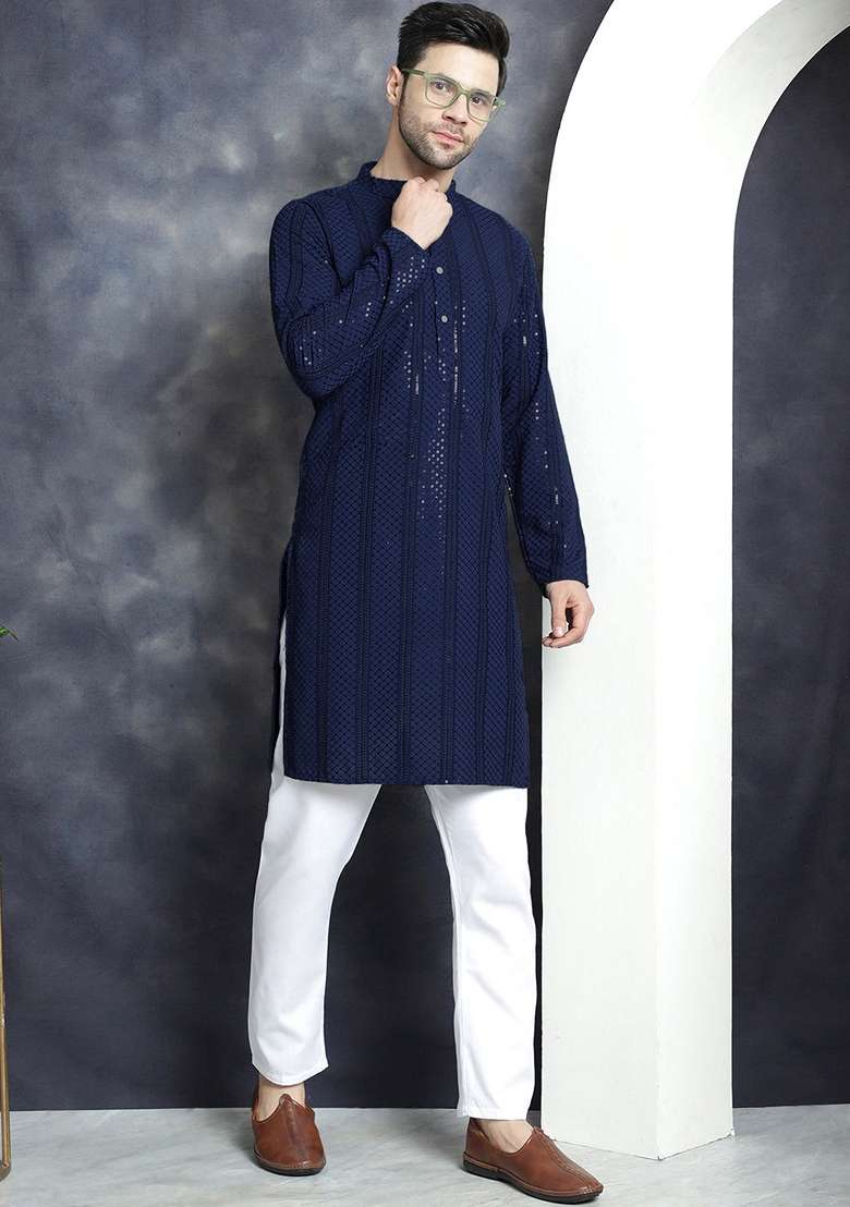 Navy Blue Embroidered Viscose Rayon Kurta For Men - Indya