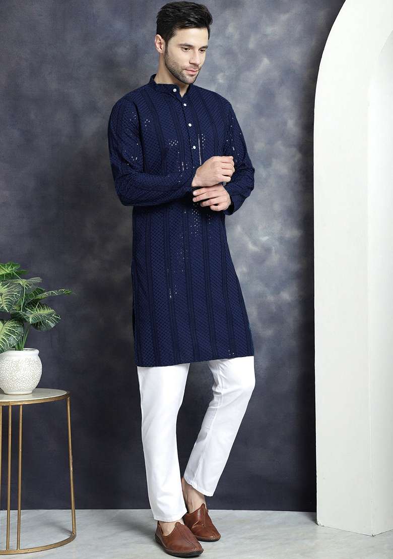 Navy Blue Embroidered Viscose Rayon Kurta For Men - Indya