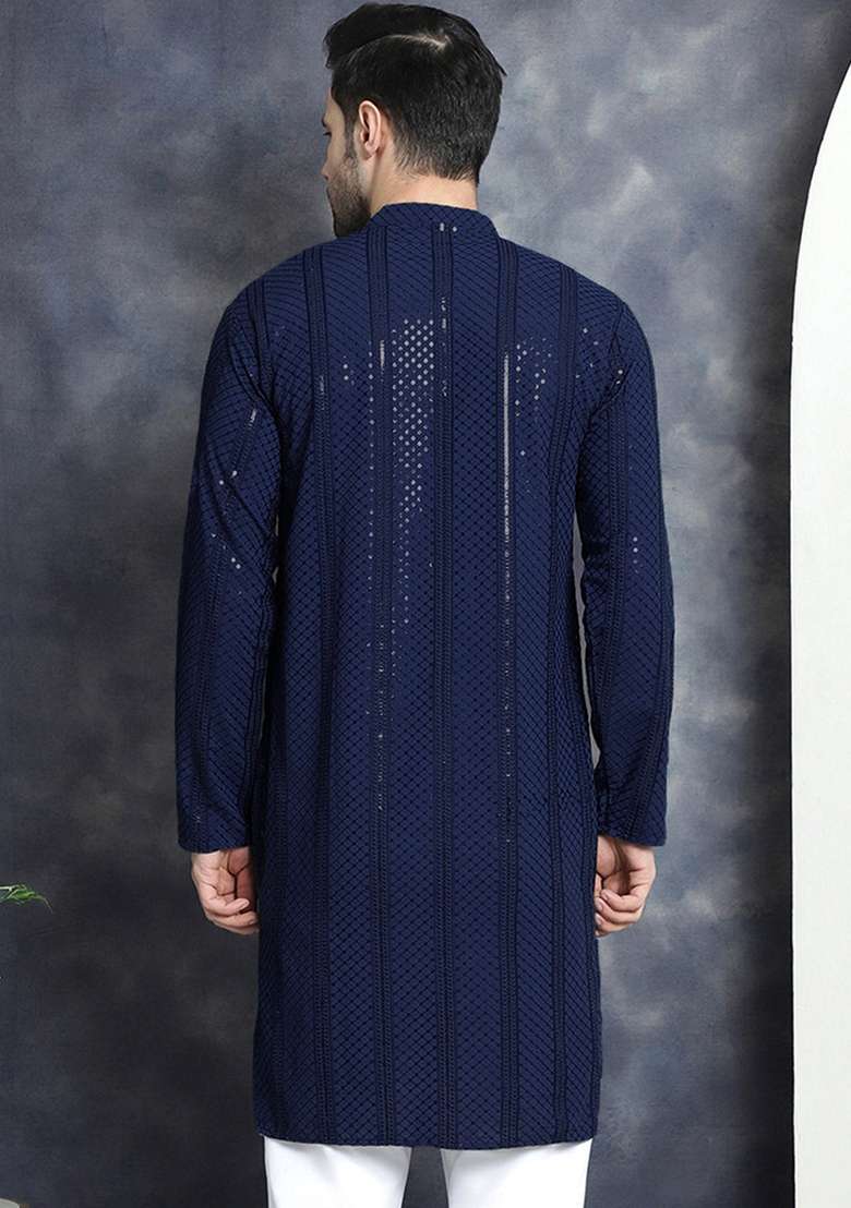 Navy Blue Embroidered Viscose Rayon Kurta For Men - Indya