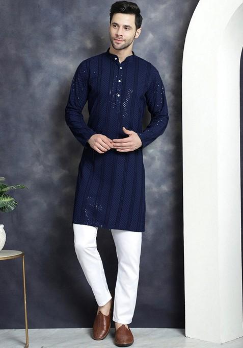 Navy Blue Embroidered Viscose Rayon Kurta For Men