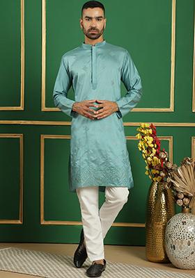 Blue Embroidered Silk Blend Kurta For Men