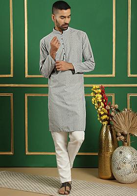 Grey Embroidered Cotton Kurta For Men