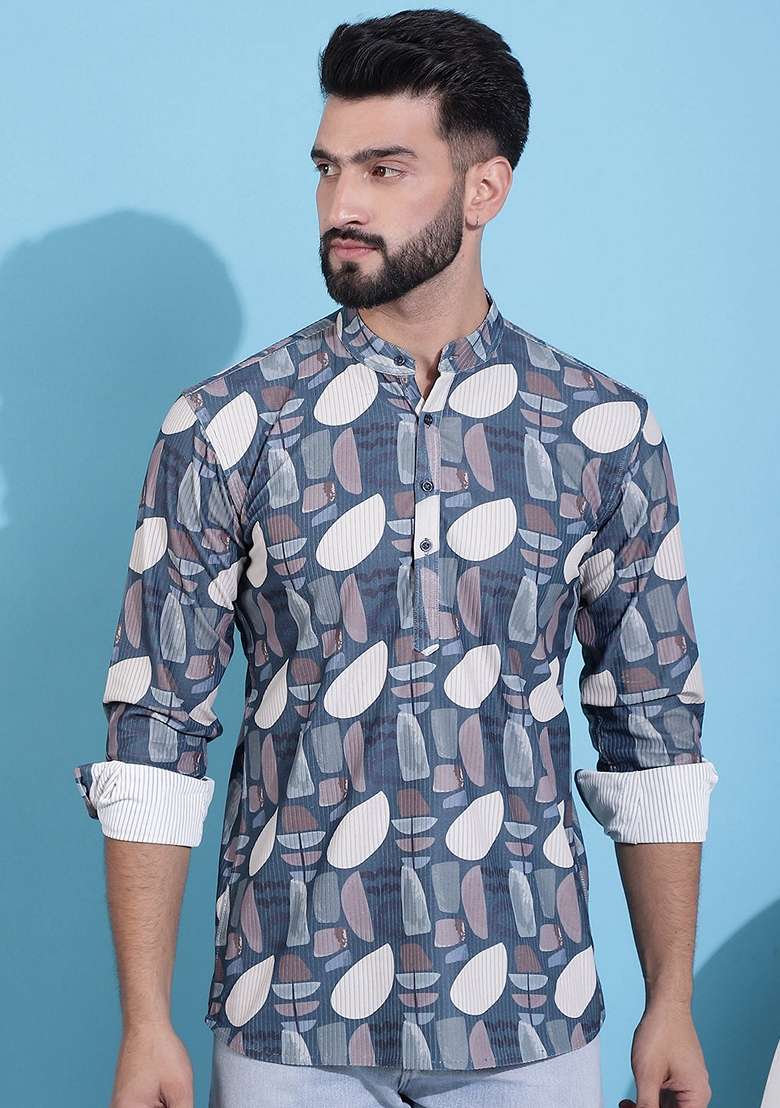 Grey Printed Cotton Blend Kurta For Men - Indya