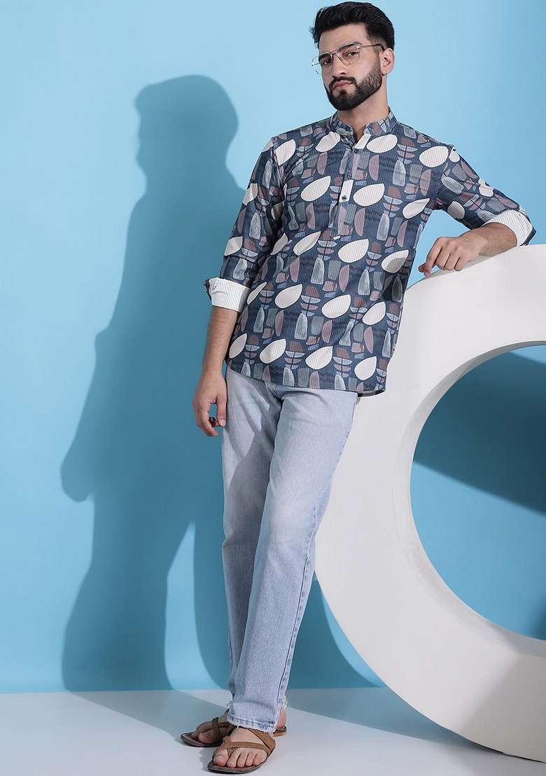 Grey Printed Cotton Blend Kurta For Men - Indya