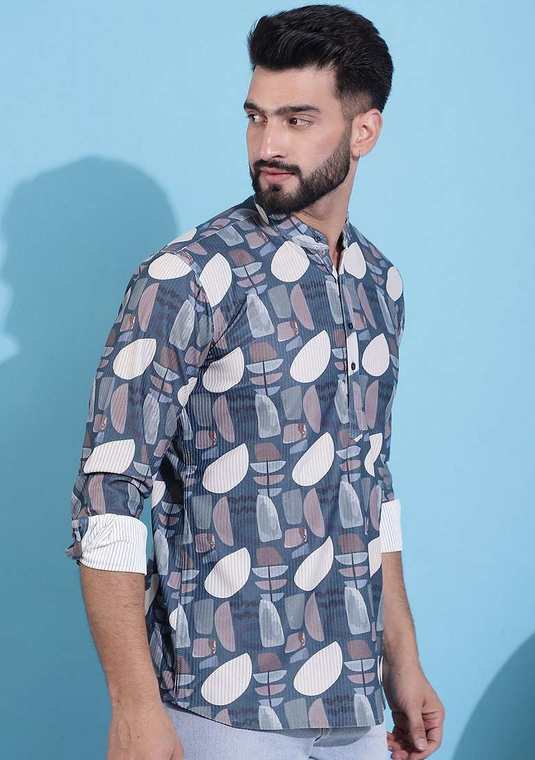 Grey Printed Cotton Blend Kurta For Men - Indya